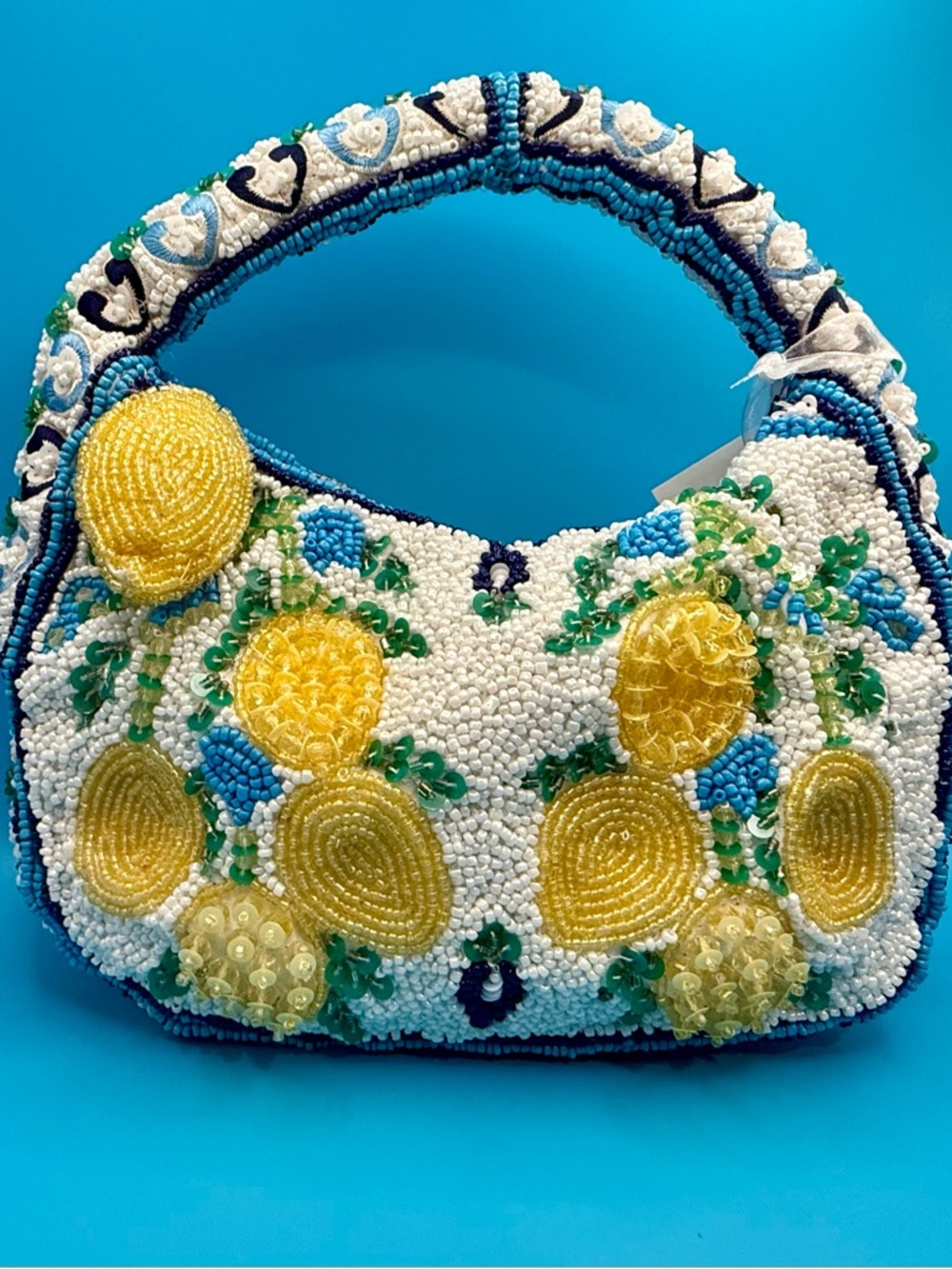 Made in India White Beaded Mini Bag with Yellow Lemon Key Charm